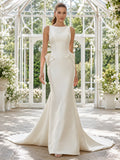 Minimalist Satin Wedding Dress Mermaid Bateau Neck Sleeveless Sweep Train Bridal Gown front view