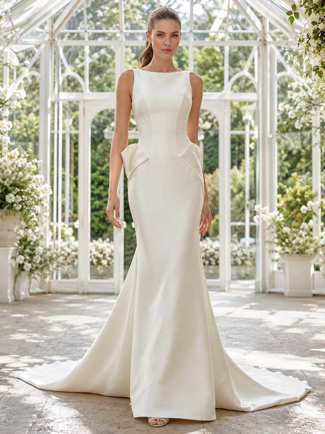 Minimalist Satin Wedding Dress Mermaid Bateau Neck Sleeveless Sweep Train Bridal Gown front view