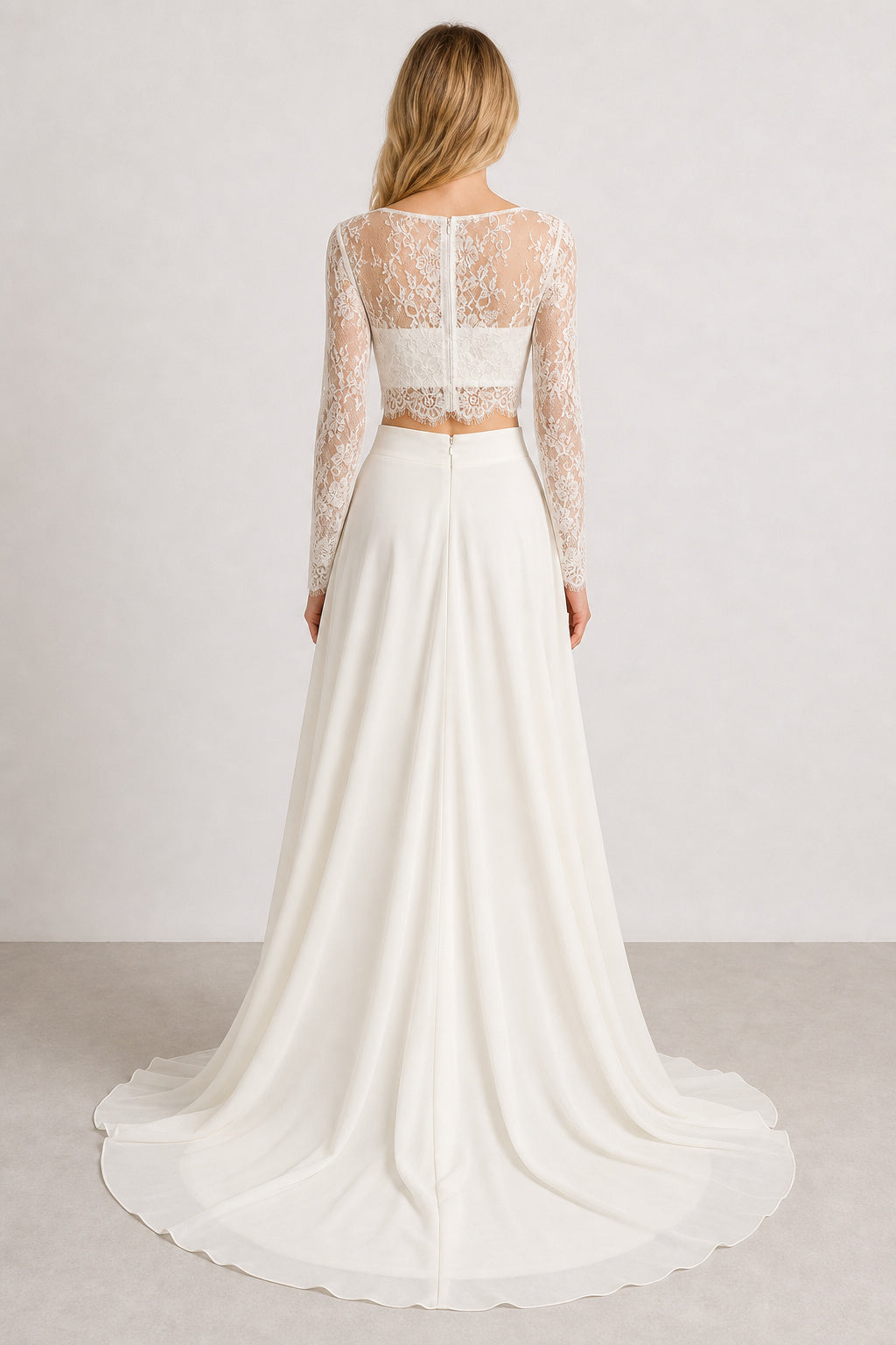 White One-shoulder Long Sleeves Two-Piece Satin, Lace Floor-length Wedding Dress With Lace and Two-Piece
