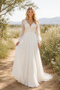 Ivory V-Neck Long Sleeve Chiffon A-Line Wedding Dress with Lace Bodice and Train front view