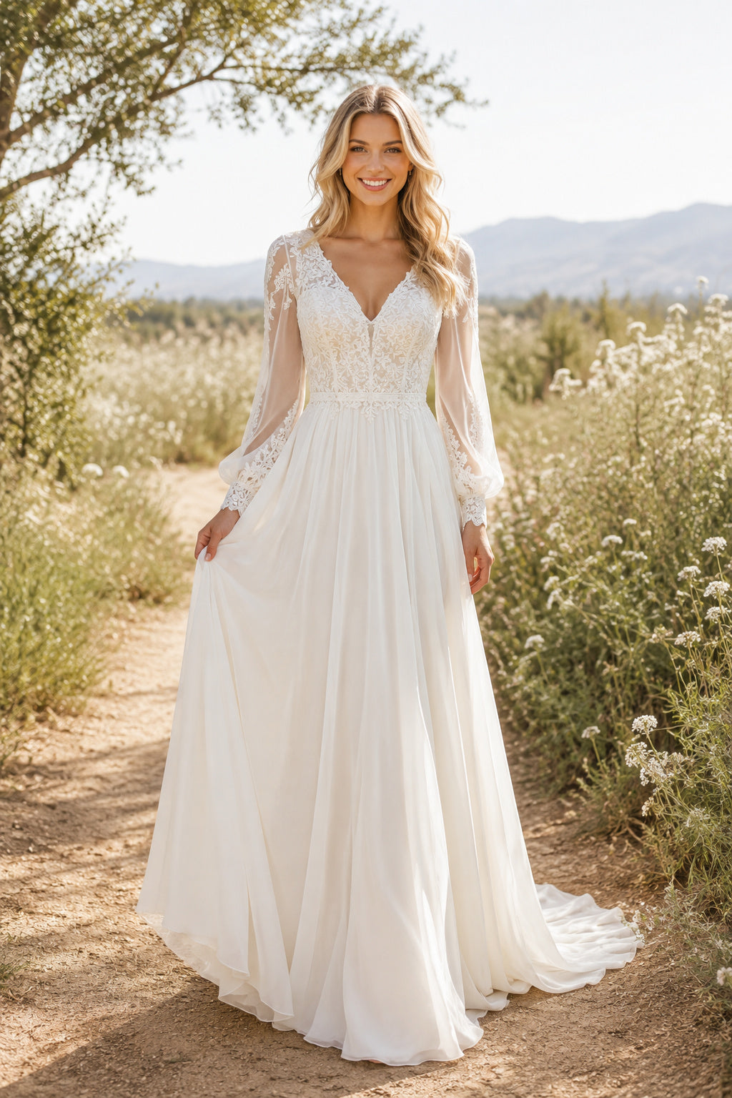Ivory V-Neck Long Sleeve Chiffon A-Line Wedding Dress with Lace Bodice and Train front view