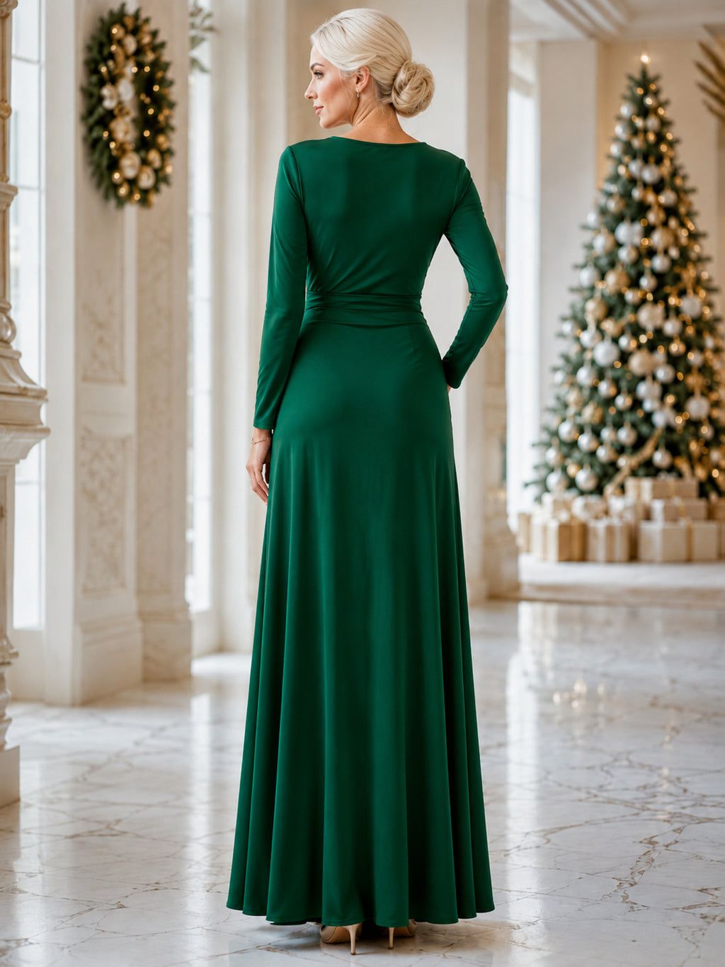 Dark Green Long Sleeve Wrap Satin Floor Length Guest Dress back view