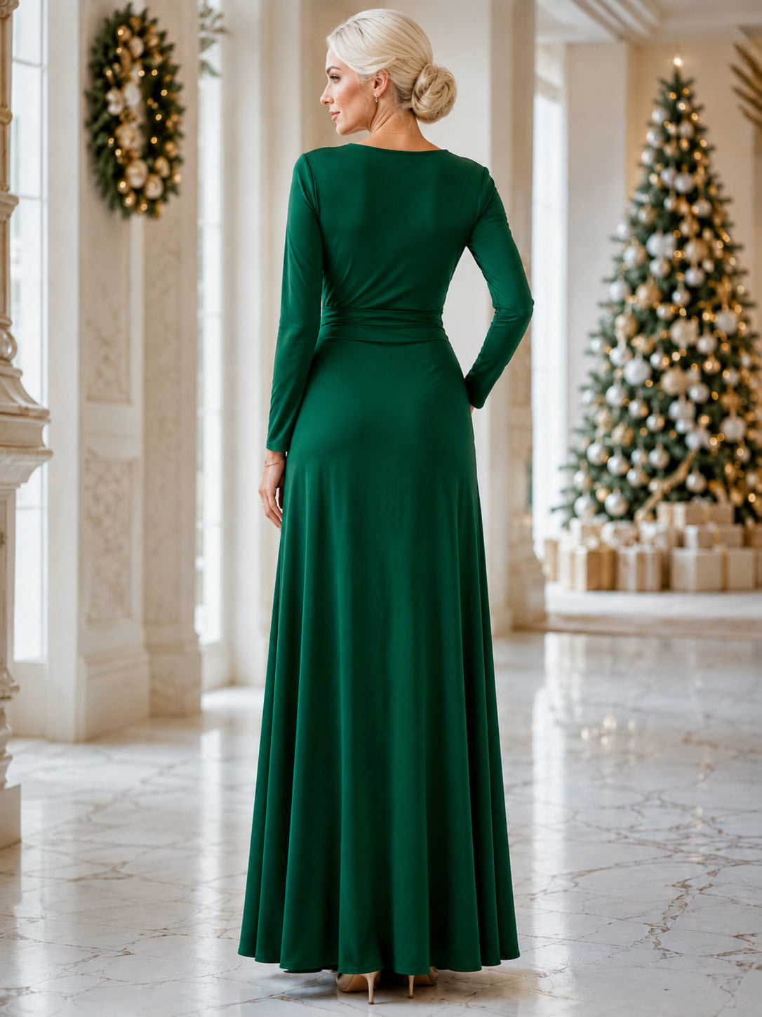Dark Green Long Sleeve Wrap Satin Floor Length Guest Dress back view