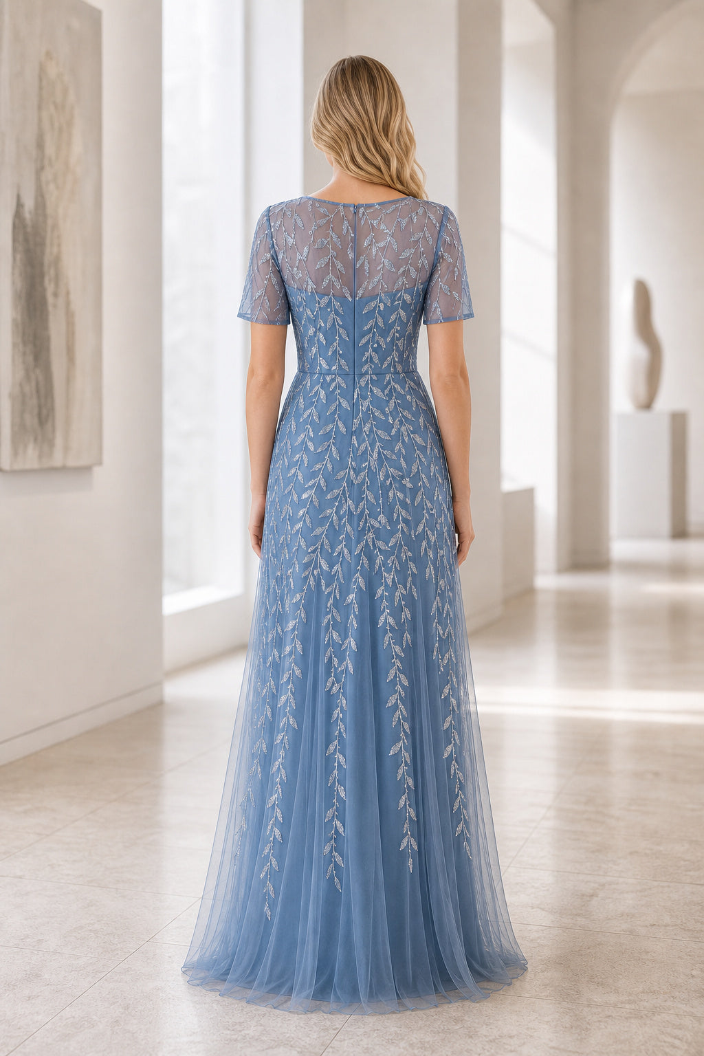 Slate Blue Bateau Short Sleeve Sheath Tulle Floor-Length Dress With Sequin Pattern