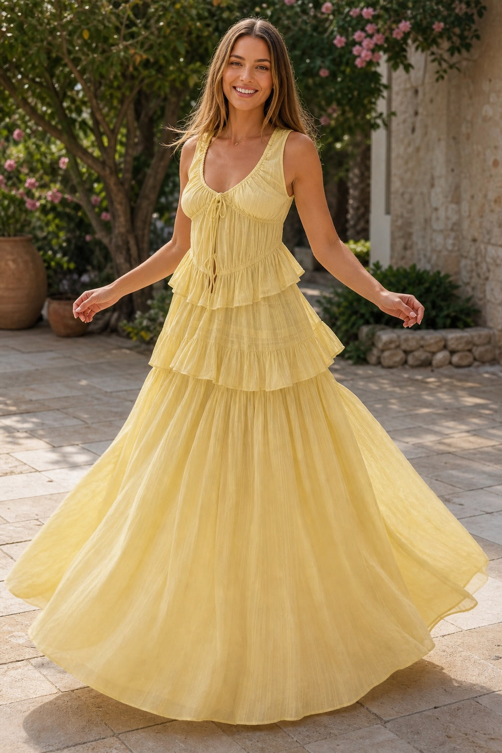 Yellow V-Neck Floor-Length Tiered Tulle A-Line Dress