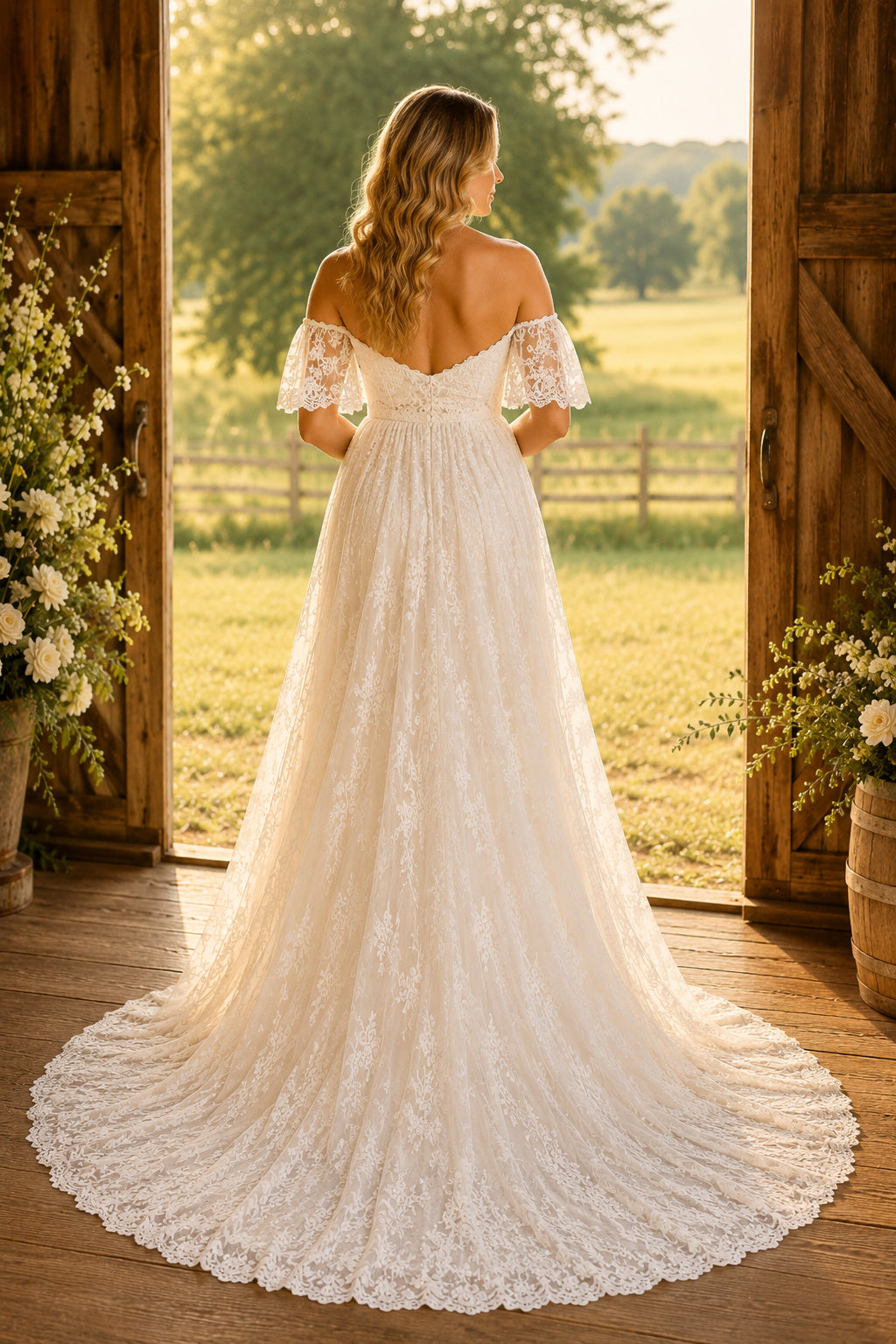 Ivory Maternity Off-the-Shoulder Lace A-Line Wedding Dress with Scalloped Train back view