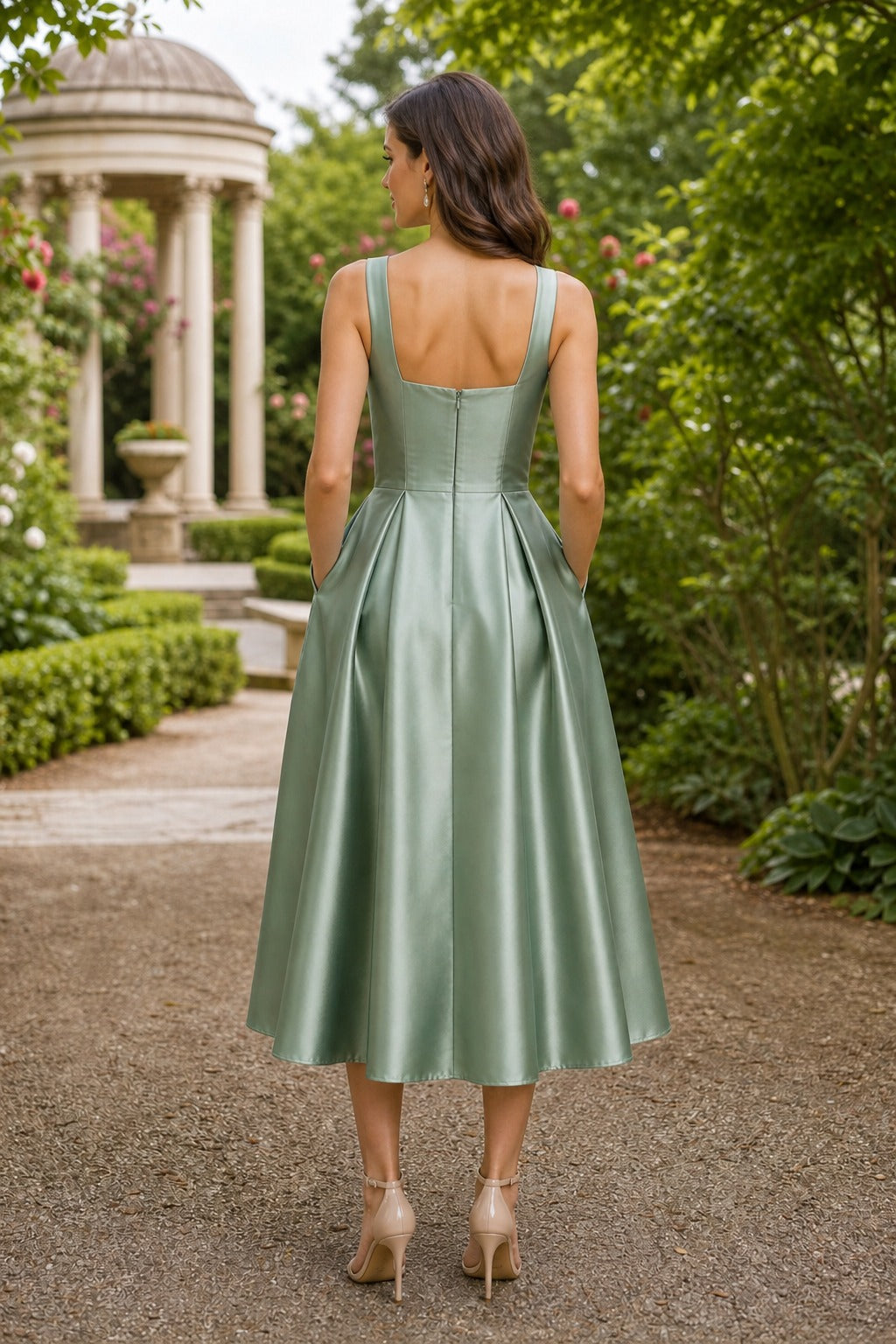 Sage Square Neck Tea-Length Satin A-Line Dress