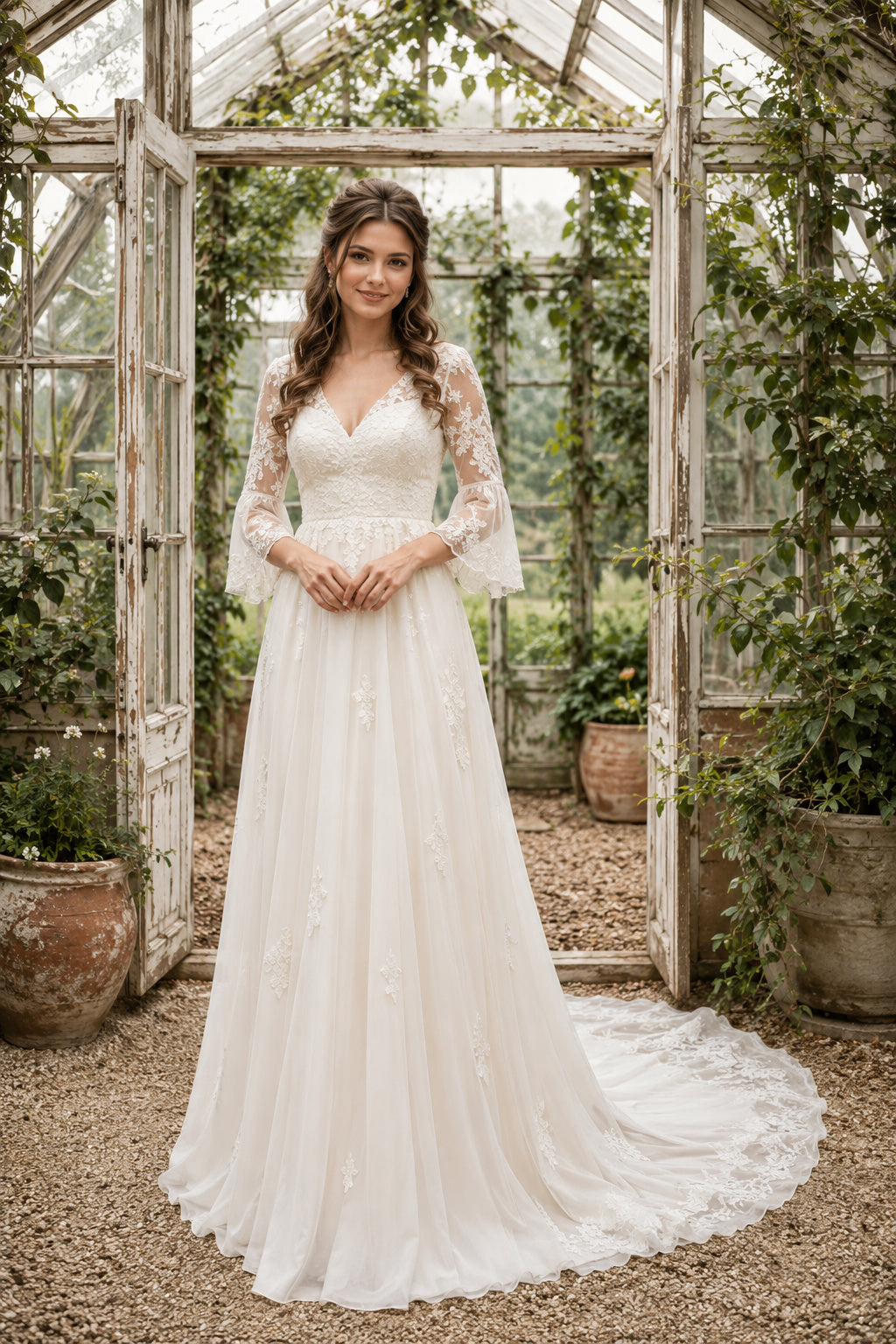 Ivory V-Neck Bell Sleeve Simple A-Line Wedding Dress with Lace Bodice and Sweep Train front view