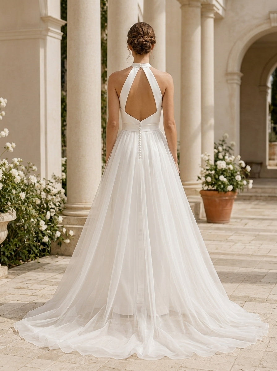 White Halter Bridal Jumpsuit with Flowing Overskirt Train back view