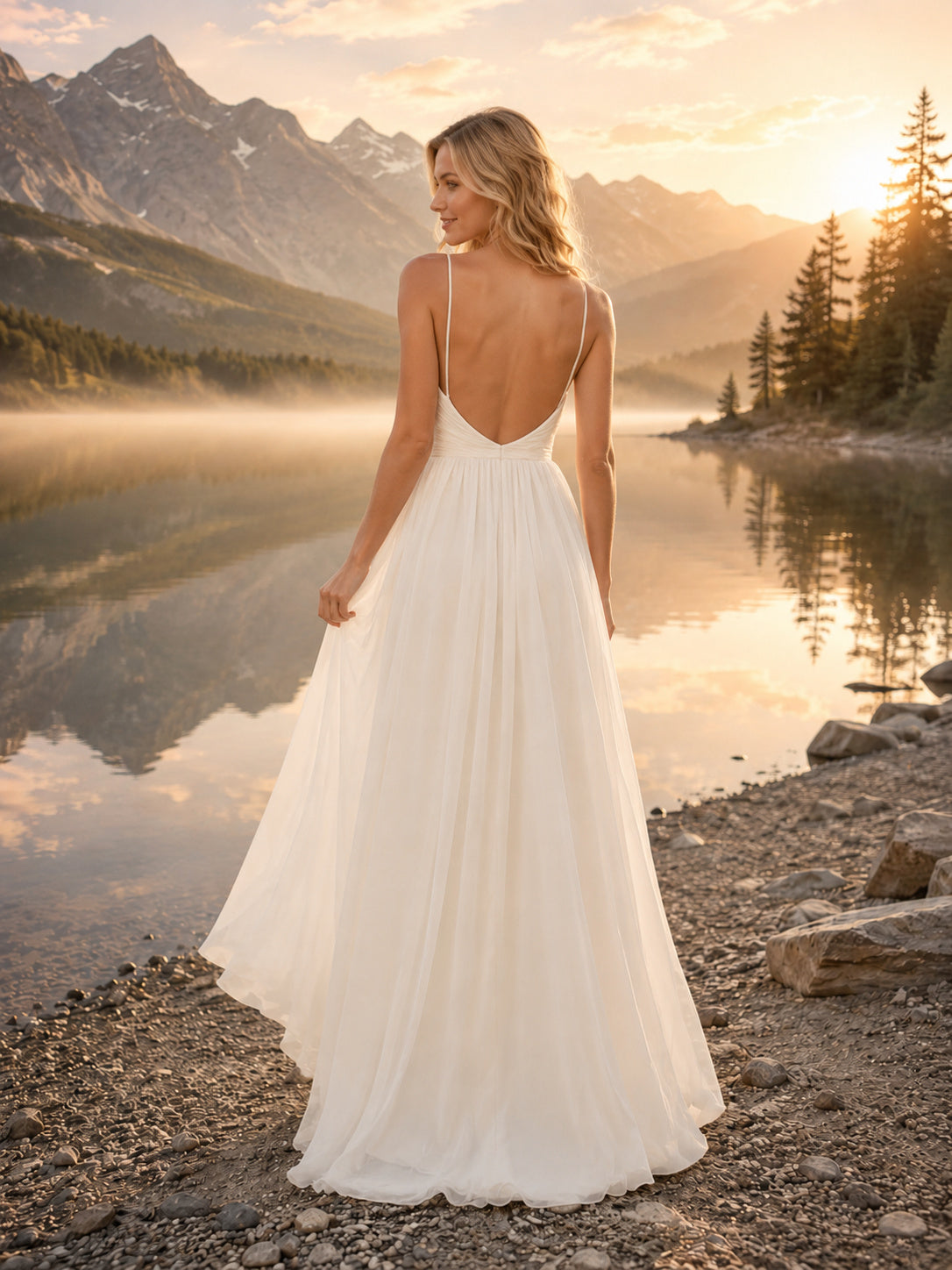 Open Back V-Neck Chiffon Mountain Lake Elopement Gown back view