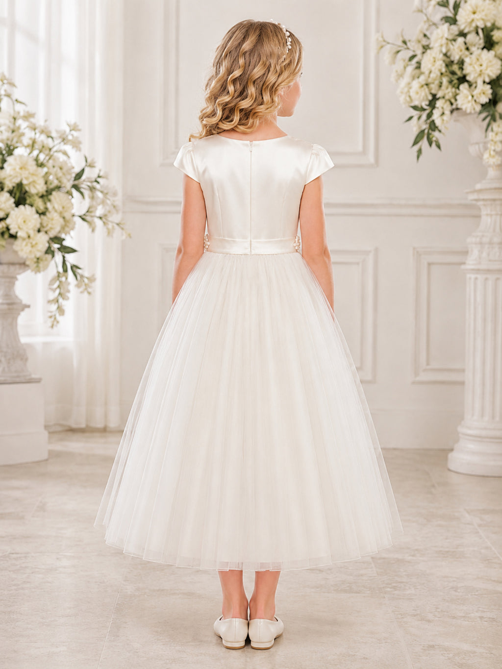 Cap Sleeve Tulle Pearl Belt Communion Flowergirl Ankle Length Dress back view