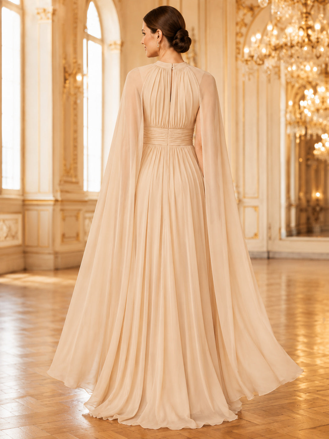 Champagne Pleated Chiffon Cape Sleeve A Line Gown back view