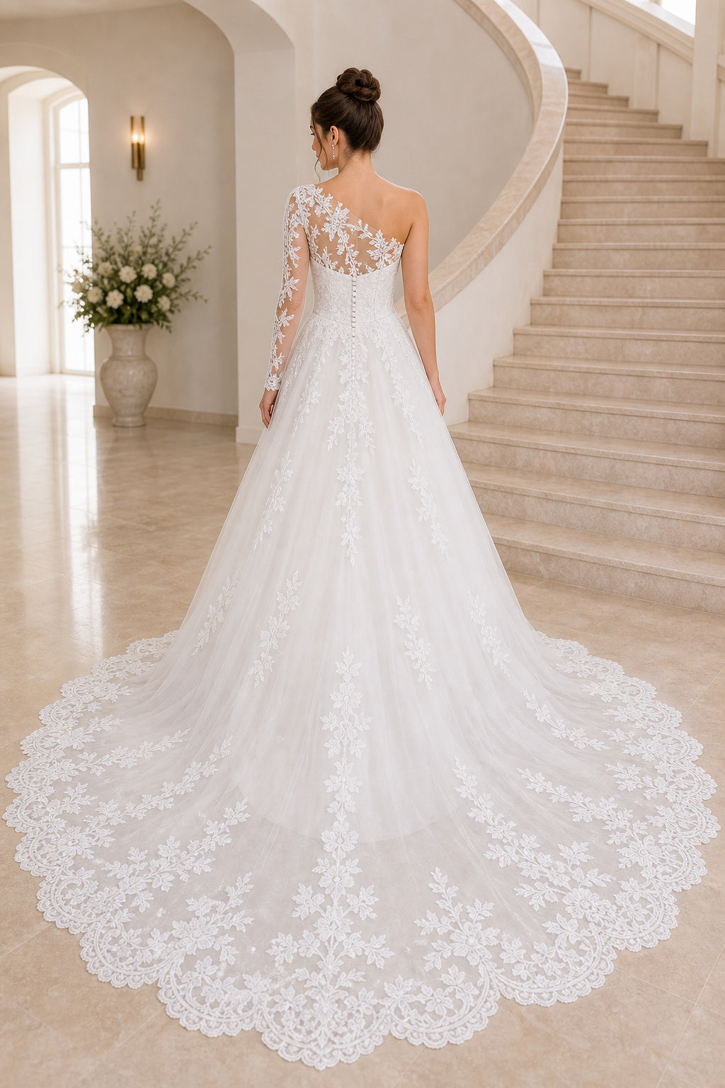 Ivory V-neck Ball Gown Tulle Floor-length Wedding Dress With Floral Appliques and Front Slit and Open Back