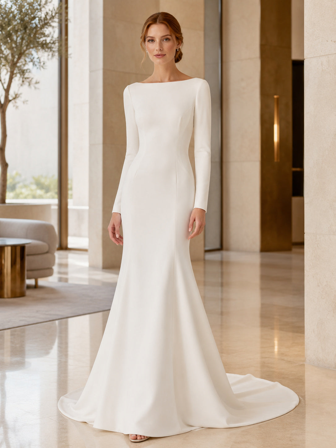Minimalist Satin Wedding Dress Mermaid Bateau Neck Long Sleeve Sweep Train Bridal Gown front view