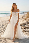 Ivory Off Shoulder Sweetheart Lace Tulle A-Line Wedding Dress Split Front for Bridal Ceremony and Reception front view