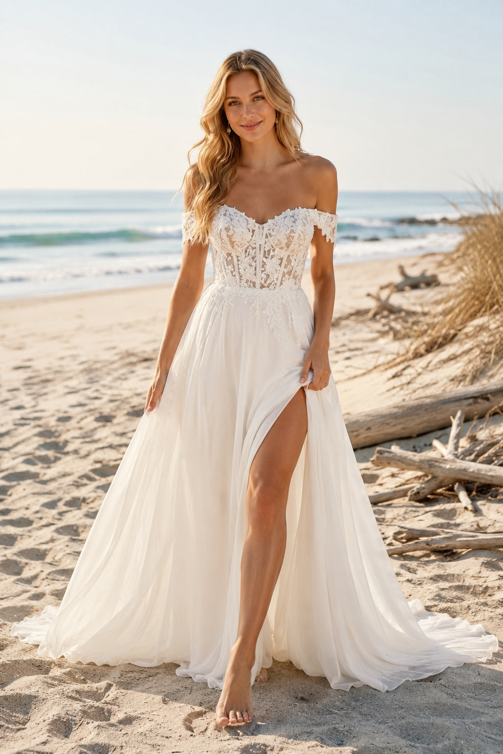 Ivory Off Shoulder Sweetheart Lace Tulle A-Line Wedding Dress Split Front for Bridal Ceremony and Reception front view