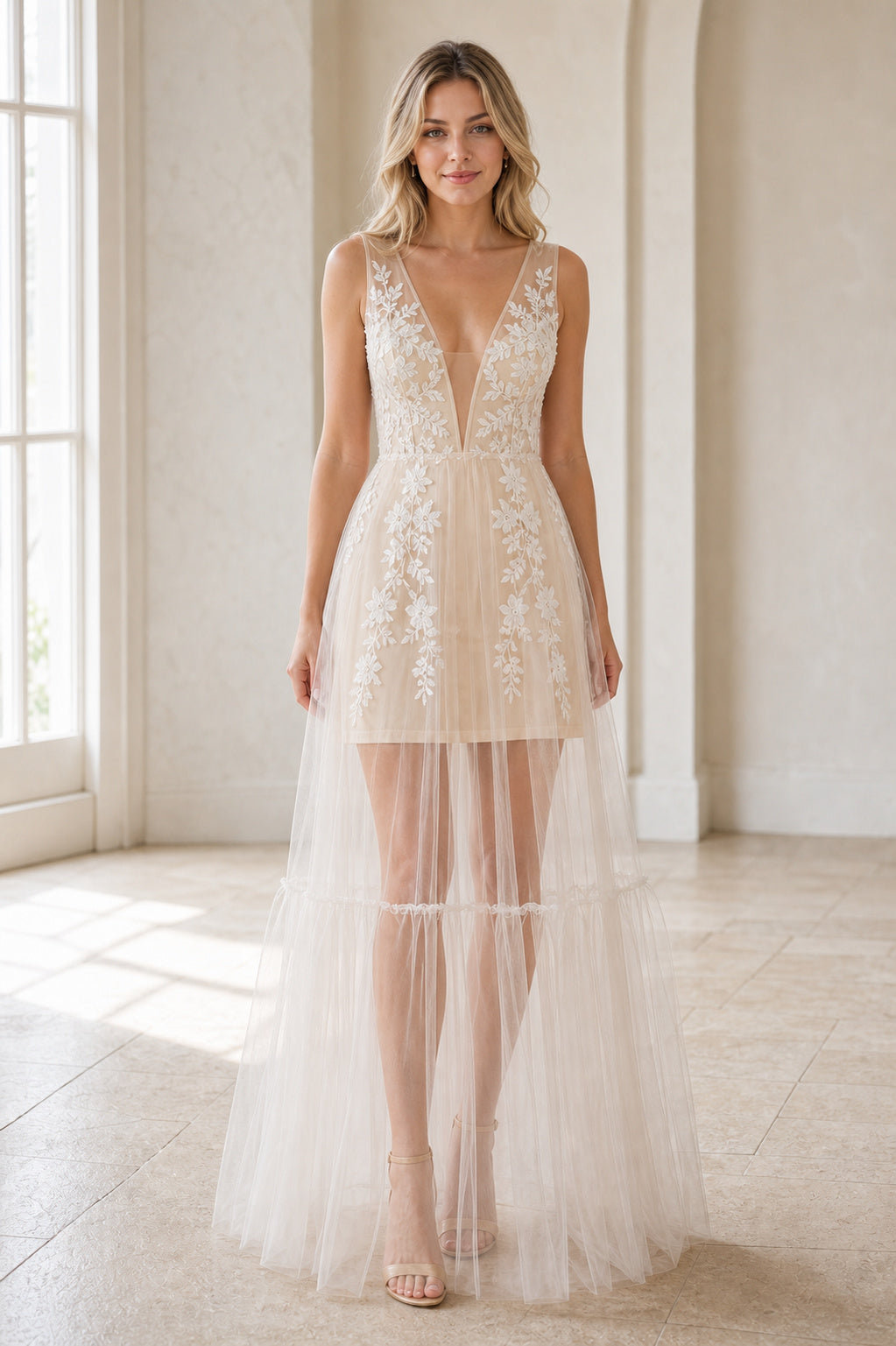 Ivory V-neck Sheath Tulle, Lace High-low Wedding Dress With Lace and Tiered Skirt and Open Back