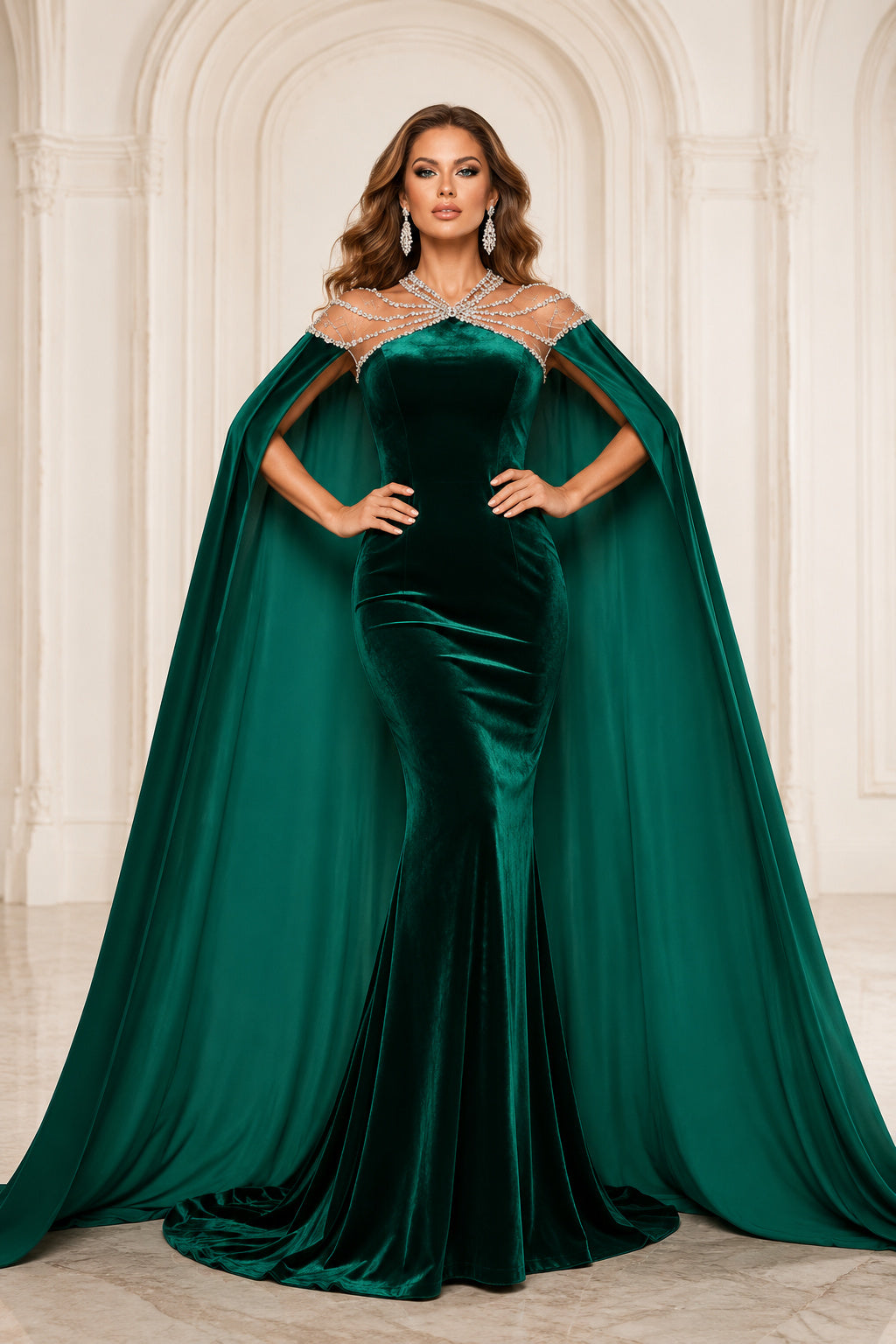 Dark Green Velvet Mermaid Evening Dress with Cape Drape and Crystal Shoulder Detail front view