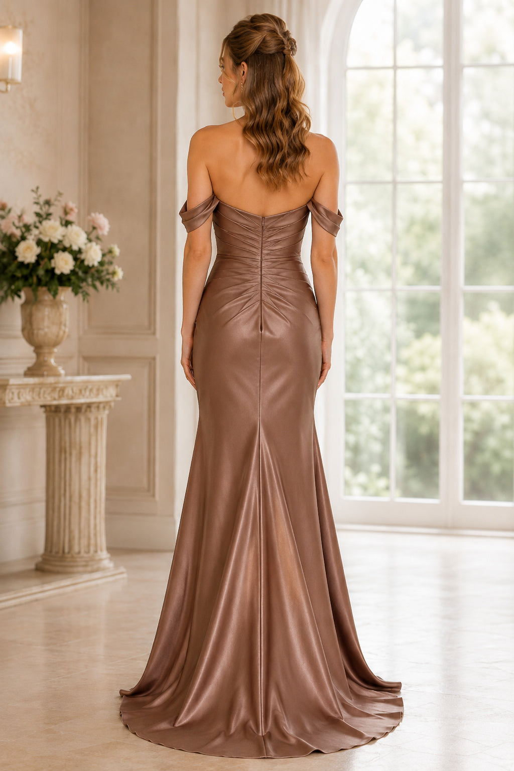 Brown Off-the-Shoulder Satin Sheath Dress with Sweetheart Neckline back view