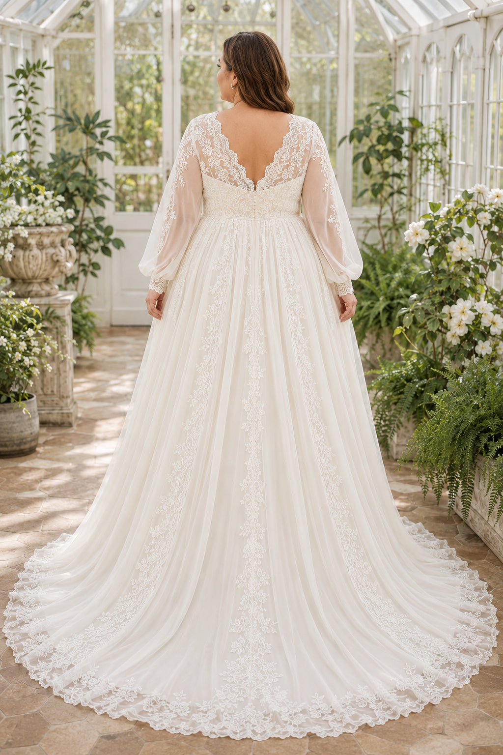Plus Size Ivory V-Neck Bishop Sleeve Lace Tulle A-Line Wedding Dress with Bishop Sleeves and Soft Tulle Chapel Train back vie