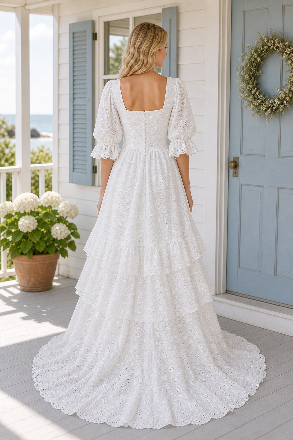 White V-neck A-Line Chiffon Floor-length Wedding Dress With Beaded Waist and Floral Appliques and Open Back