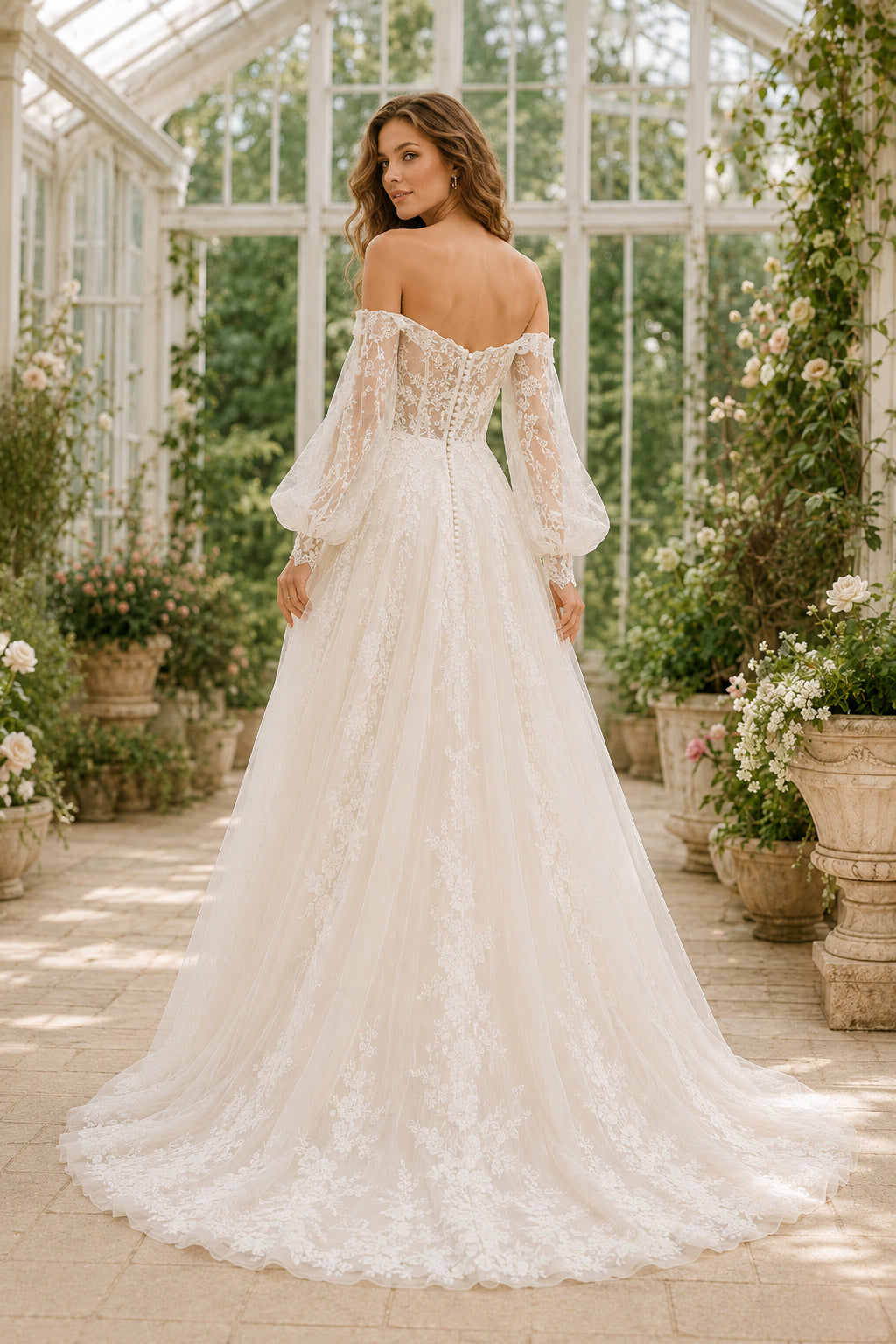 Ivory Off-the-Shoulder Lace Ball Gown Wedding Dress with Bell Sleeves and Tulle Skirt back view