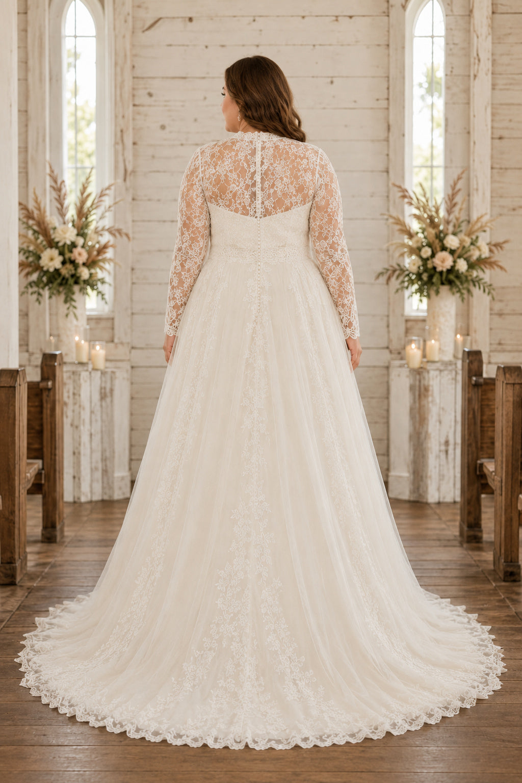 Plus Size Ivory High Neck Long Illusion Sleeve Lace Tulle A-Line Wedding Dress with High Lace Bodice and Chapel Train back vi