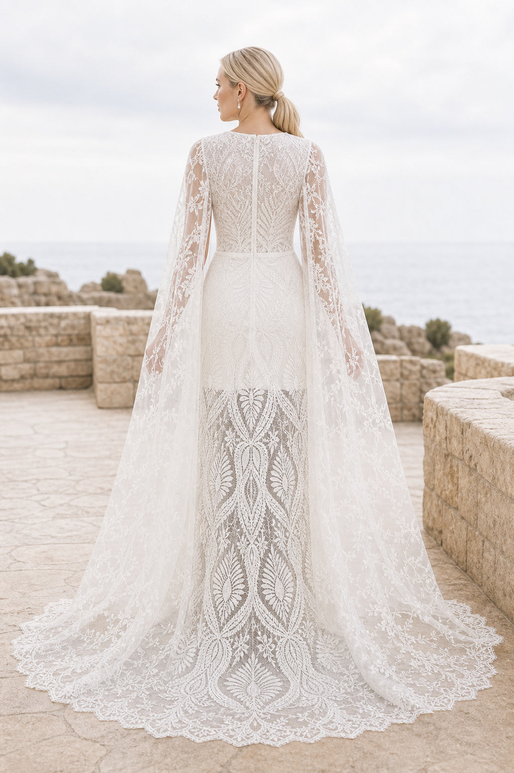 White V-neck Sheath Lace Floor-length Wedding Dress With Lace and Floral Appliques and Open Back