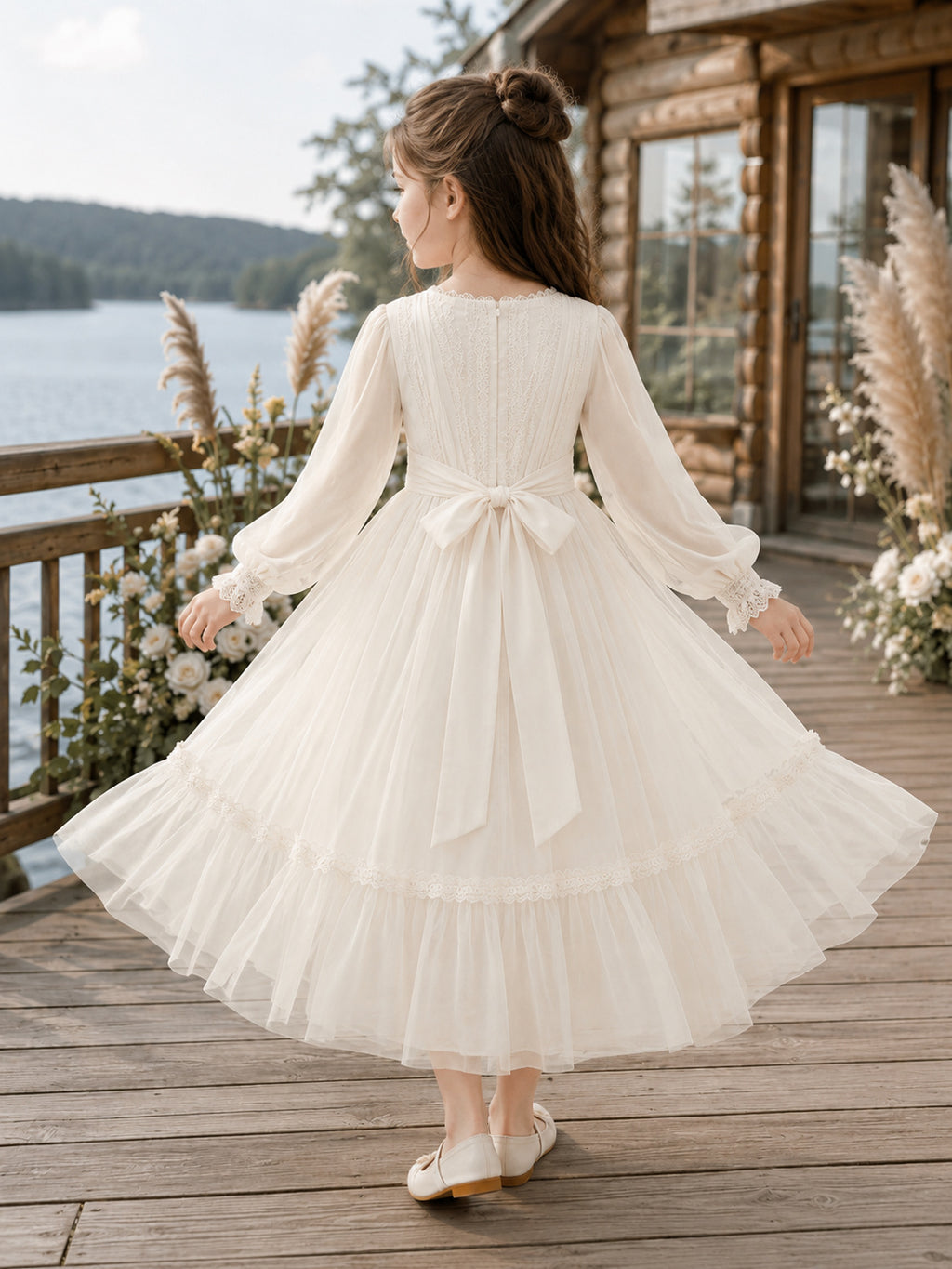 Flower Girl Dress A-Line Cream Long Sleeve Chiffon Ruffle Cabin Formal back view