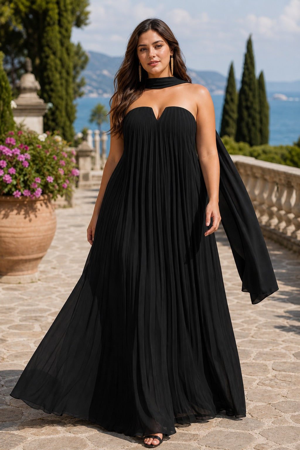 Black Strapless Floor-Length Chiffon A-Line Dress with Cape