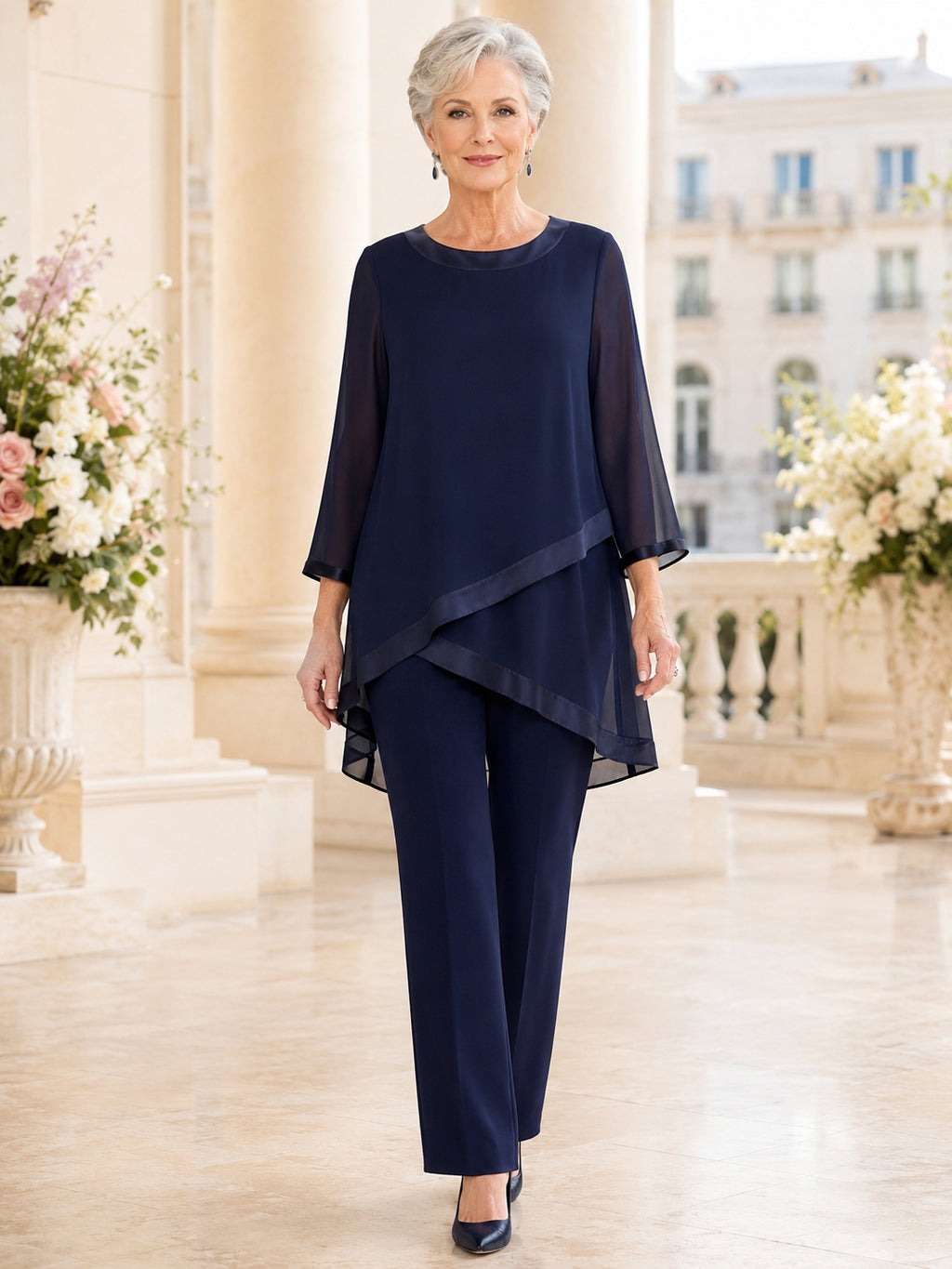 Dark Navy Mature Modest Mother of the Bride Pantsuit Bateau Neck Three-Quarter Illusion Sleeve Asymmetric High-Low Chiffon Tu