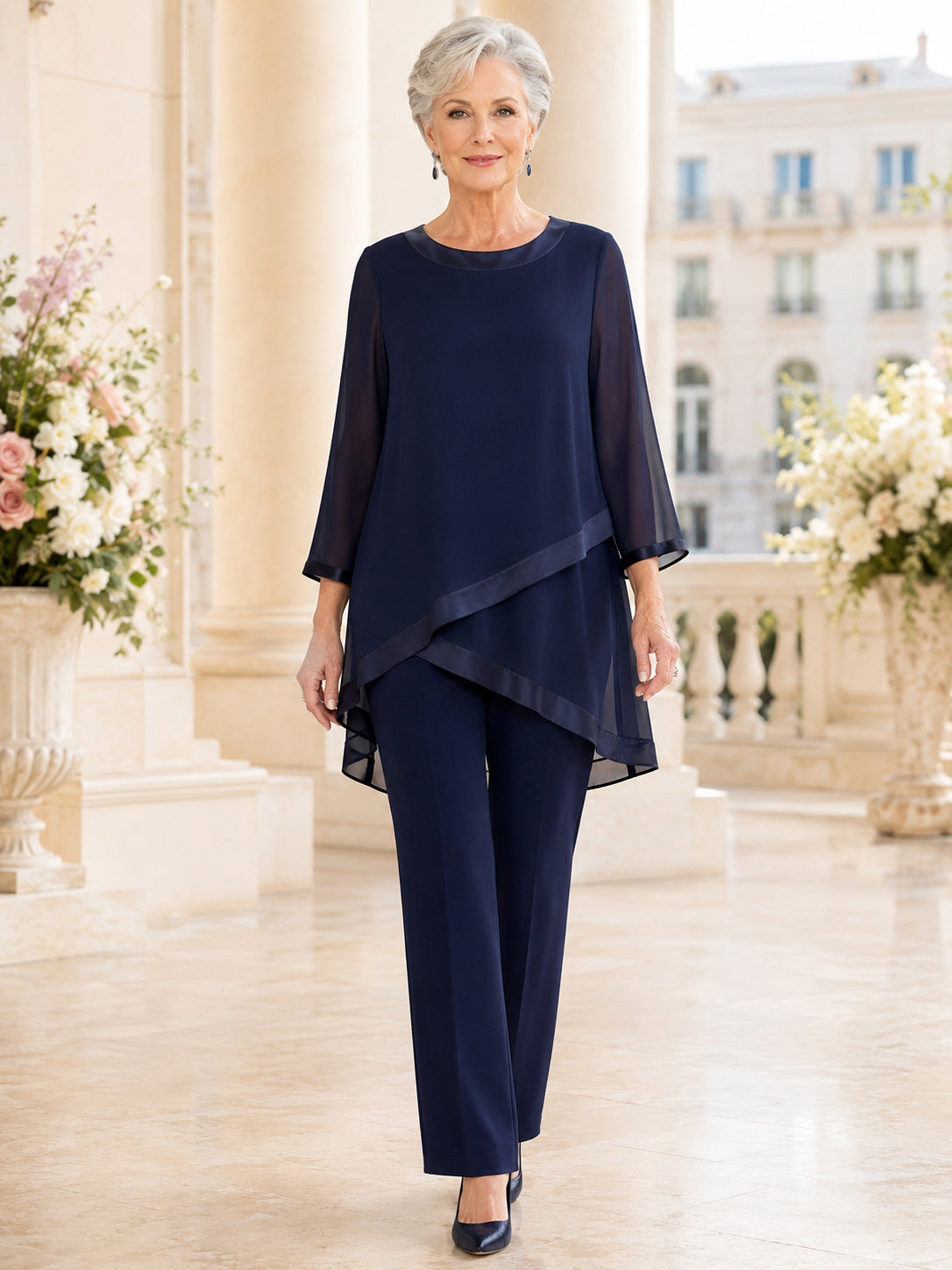 Dark Navy Mature Modest Mother of the Bride Pantsuit Bateau Neck Three-Quarter Illusion Sleeve Asymmetric High-Low Chiffon Tu