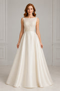 White Bateau Satin Ball Gown Wedding Dress with Sleeveless Bodice and Full Floor Skirt front view