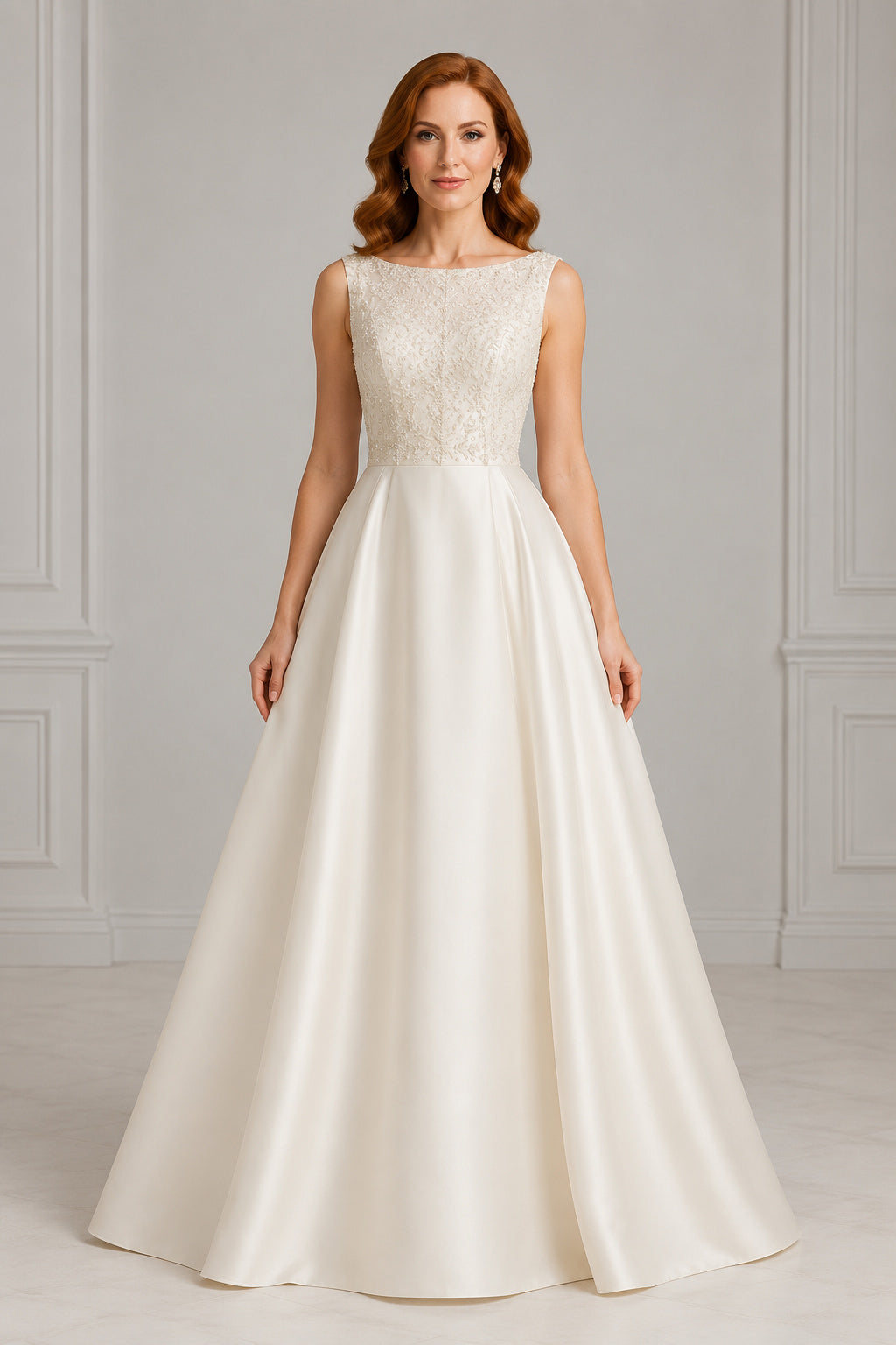 White Bateau Satin Ball Gown Wedding Dress with Sleeveless Bodice and Full Floor Skirt front view