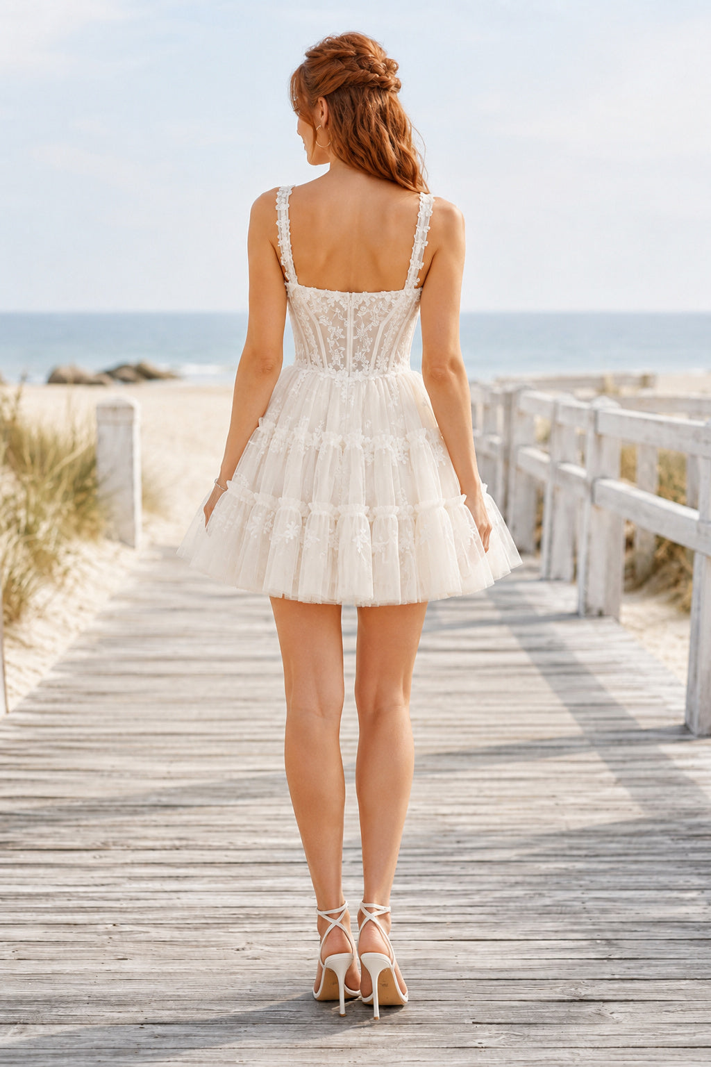 Ivory Square Neck Spaghetti Strap Tulle Mini Wedding Dress with Tiered Skirt for Beach Reception back view