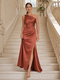 Terracotta one shoulder satin sheath floor length bridesmaid gown with slit front view