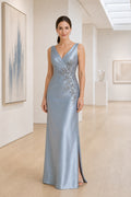 Light Blue V-neck Sleeveless Sheath Satin Floor-Length Dress With Front Slit