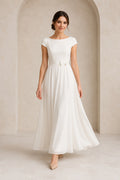 White Cap Sleeve Simple Chiffon Dress with Bow Waist Floor Length A-Line Wedding Dress front view