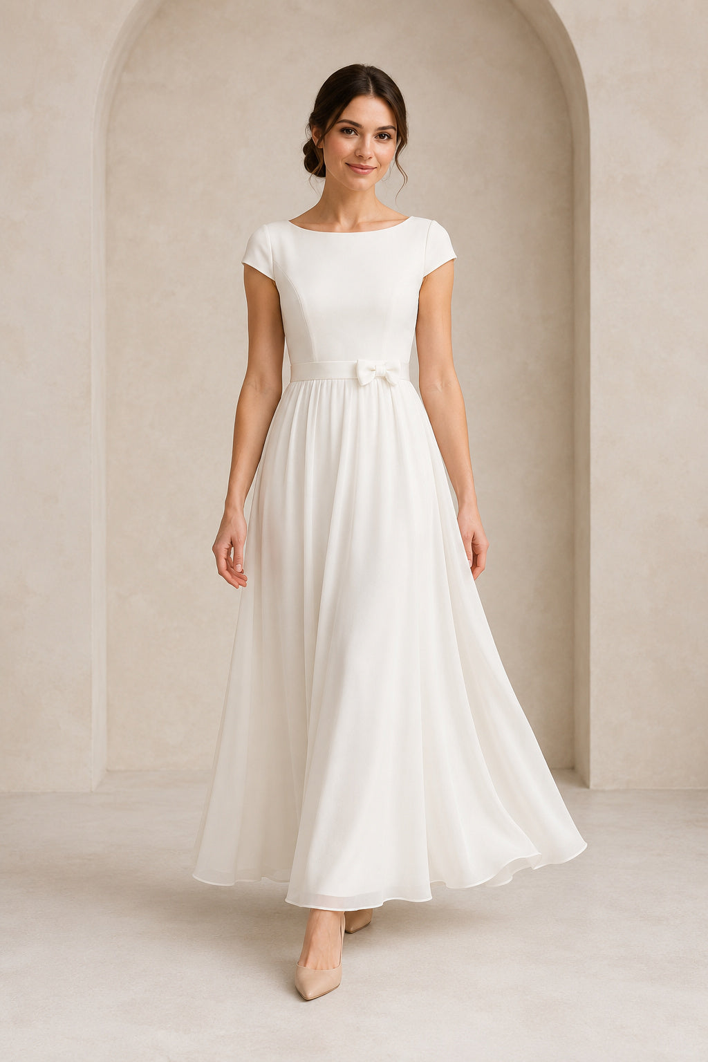 White Cap Sleeve Simple Chiffon Dress with Bow Waist Floor Length A-Line Wedding Dress front view