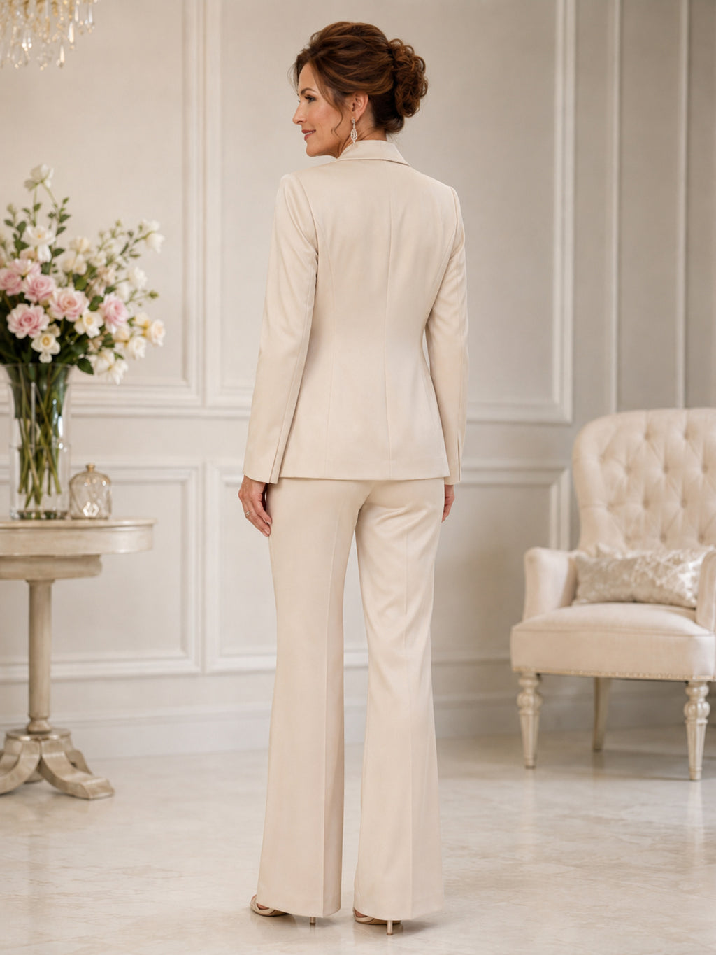 Champagne Luxury Sequin-Shell Satin-Lapel Wide-Leg Tailored Floor-Length Formal Mother of the Bride Pantsuit back view