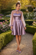 Mauve Square Neck Tea-Length Satin A-Line Dress