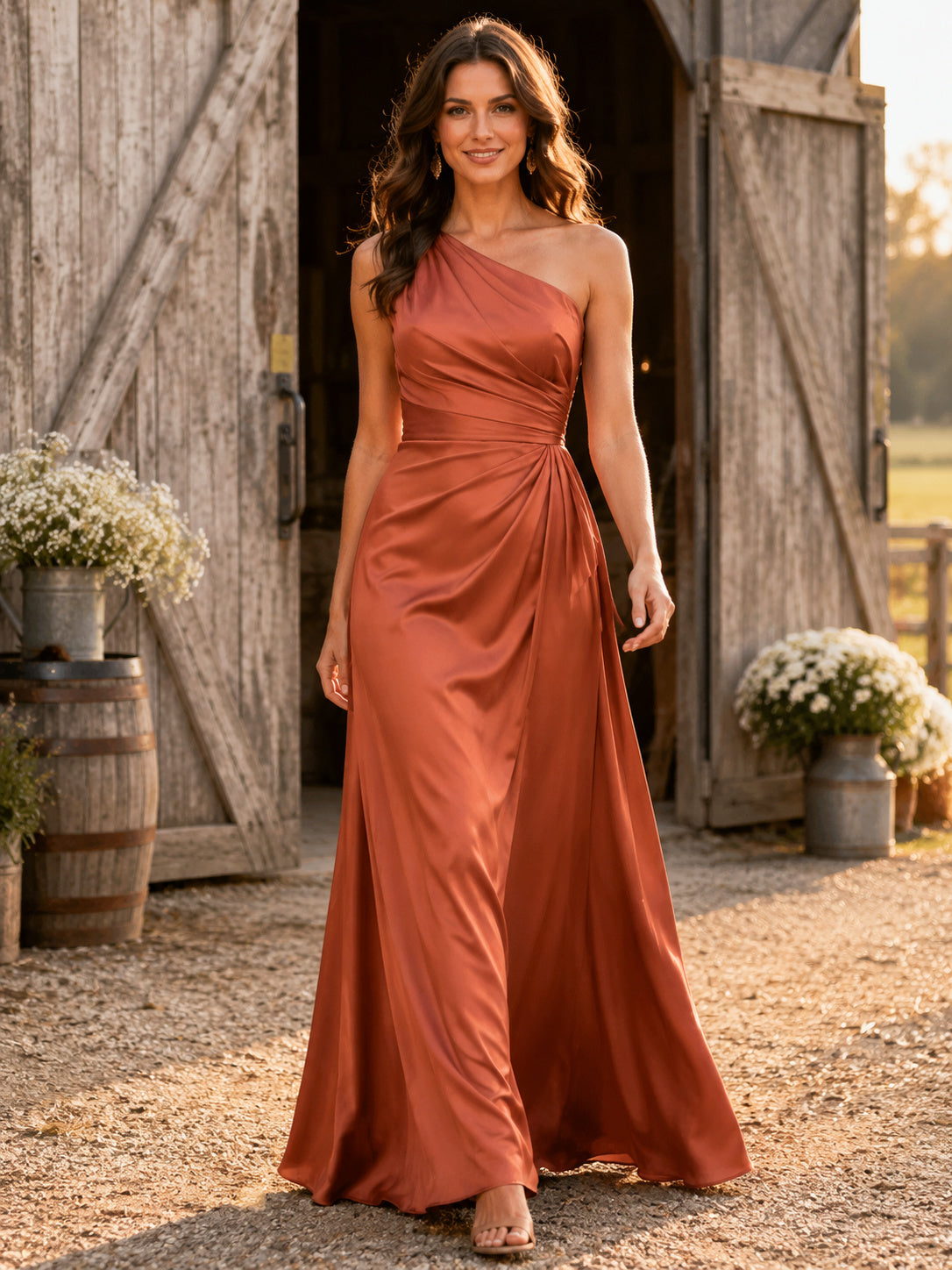 Terracotta Satin Sheath One-Shoulder Sleeveless Side Slit Low Back Floor-Length Bridesmaid Dress front view