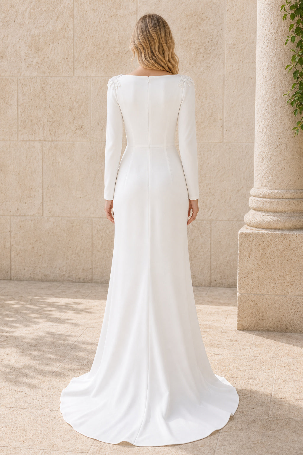 Champagne V-neck Flutter Sleeves Sheath Satin Floor-length Wedding Dress With Pleated Skirt and Layered Skirt and Open Back