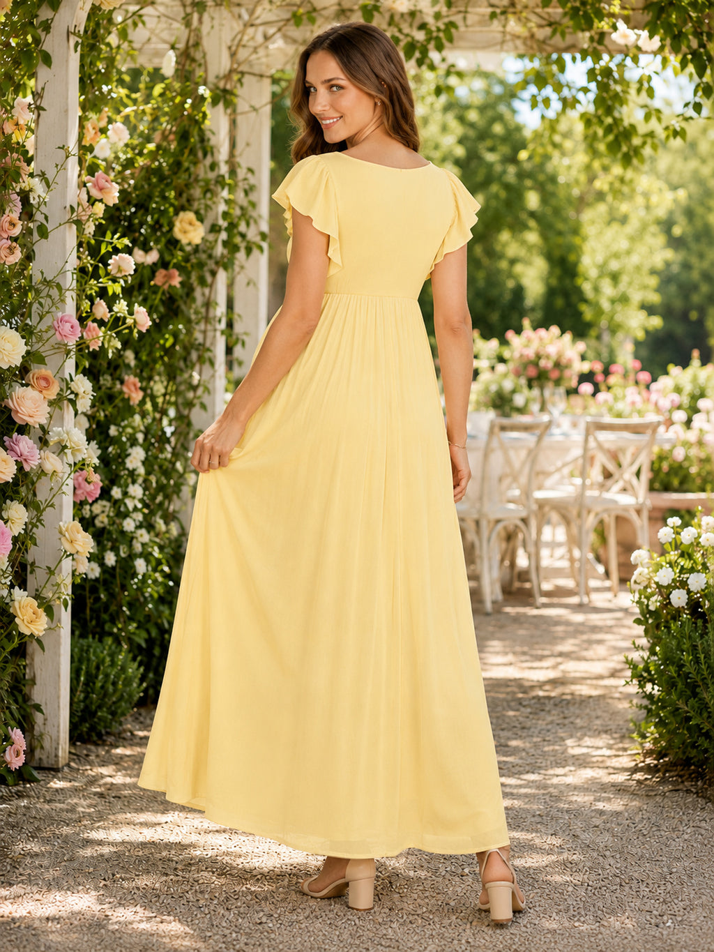 Daffodil Maternity Jewel Neck Flutter Sleeve Empire Chiffon Ankle Length Garden Party Dress back view