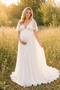 Ivory Cap Sleeve Chiffon Maternity Wedding Dress with V-Neck and Train front view