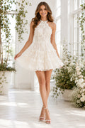 Ivory Halter High Neck Applique Lace Tiered Mini Reception Dress for Wedding Reception and Party front view