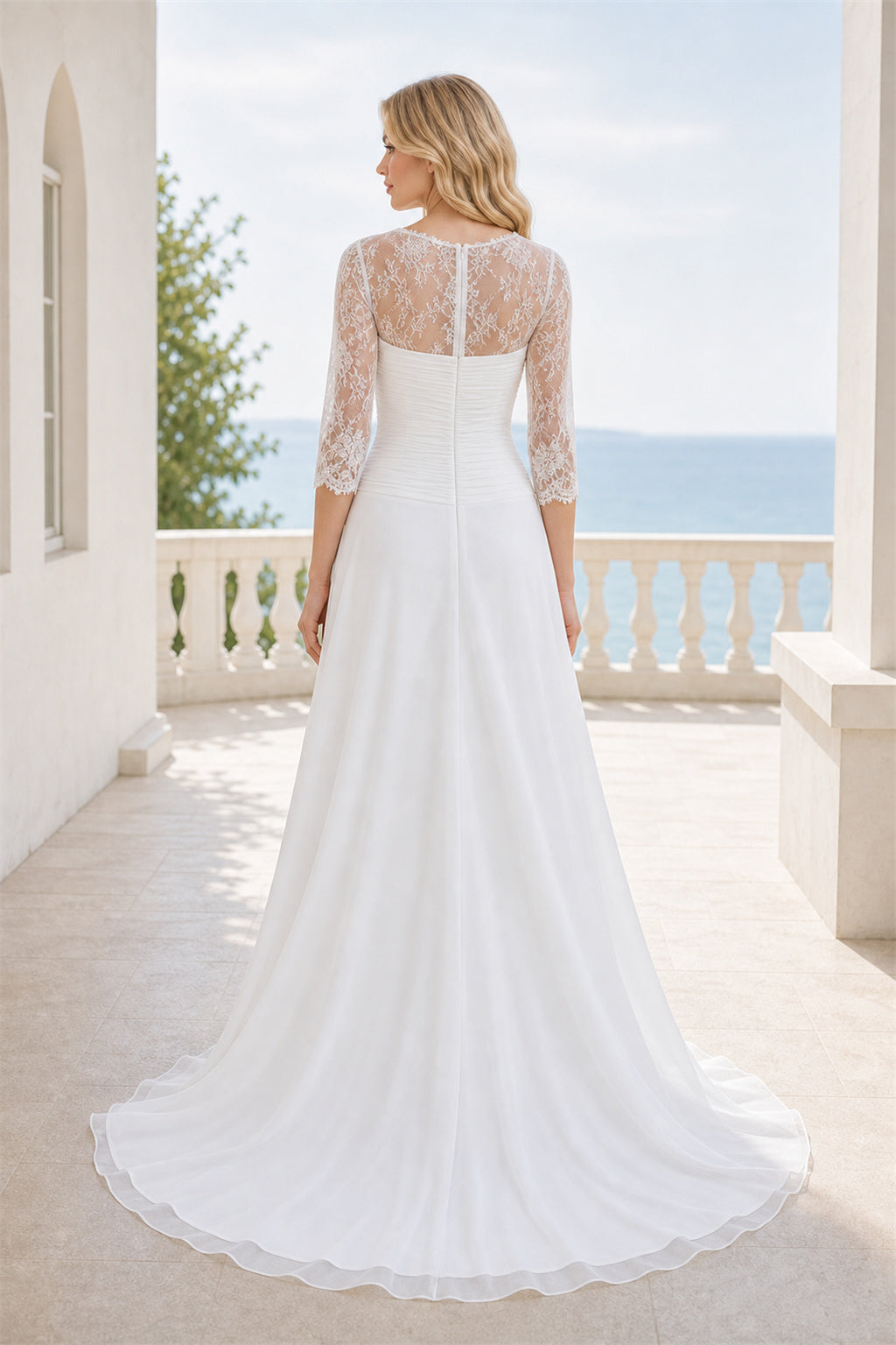 White Illusion Flutter Sleeves A-Line Satin Floor-length Wedding Dress With Pleated Skirt and Layered Skirt