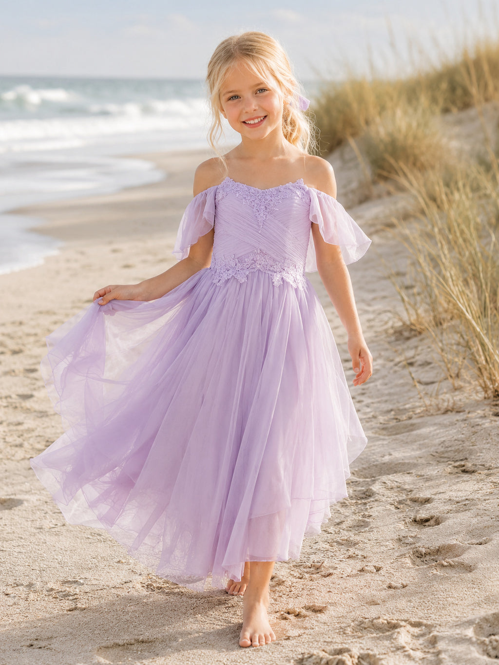 Beach Lavender Short Sleeve Tulle High-Low A-Line Flower Girl Dress with Off-the-shoulder Neck and Ruffle Detail front view