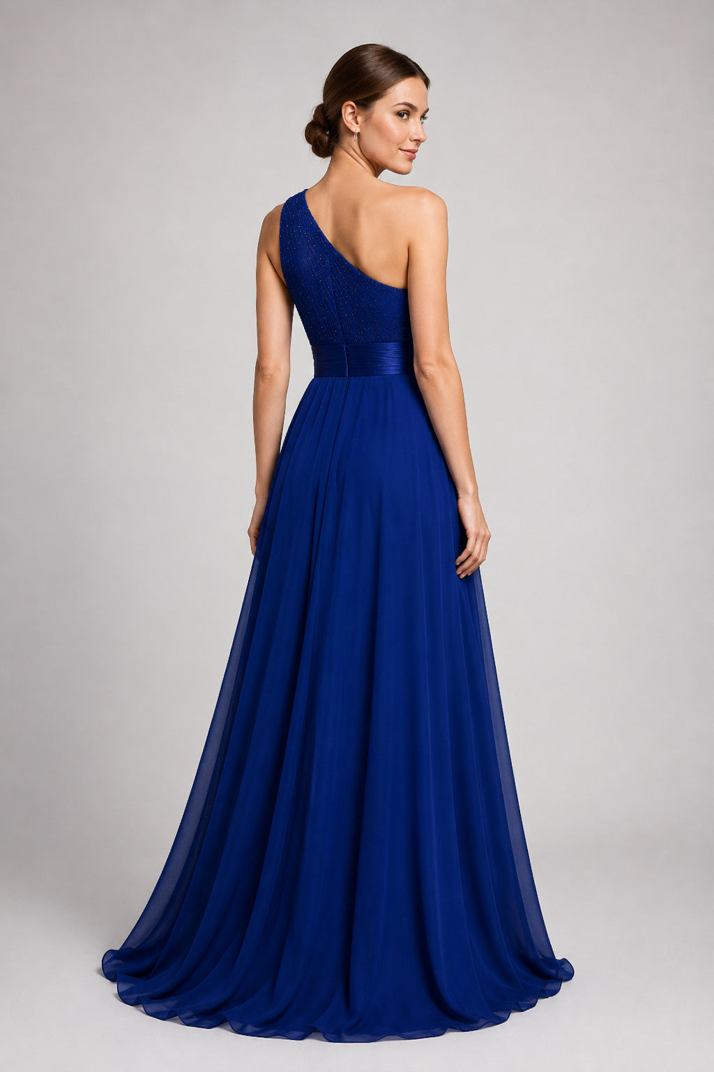 Royal Blue One-Shoulder Chiffon A-Line Formal Dress with Sash Waist back view