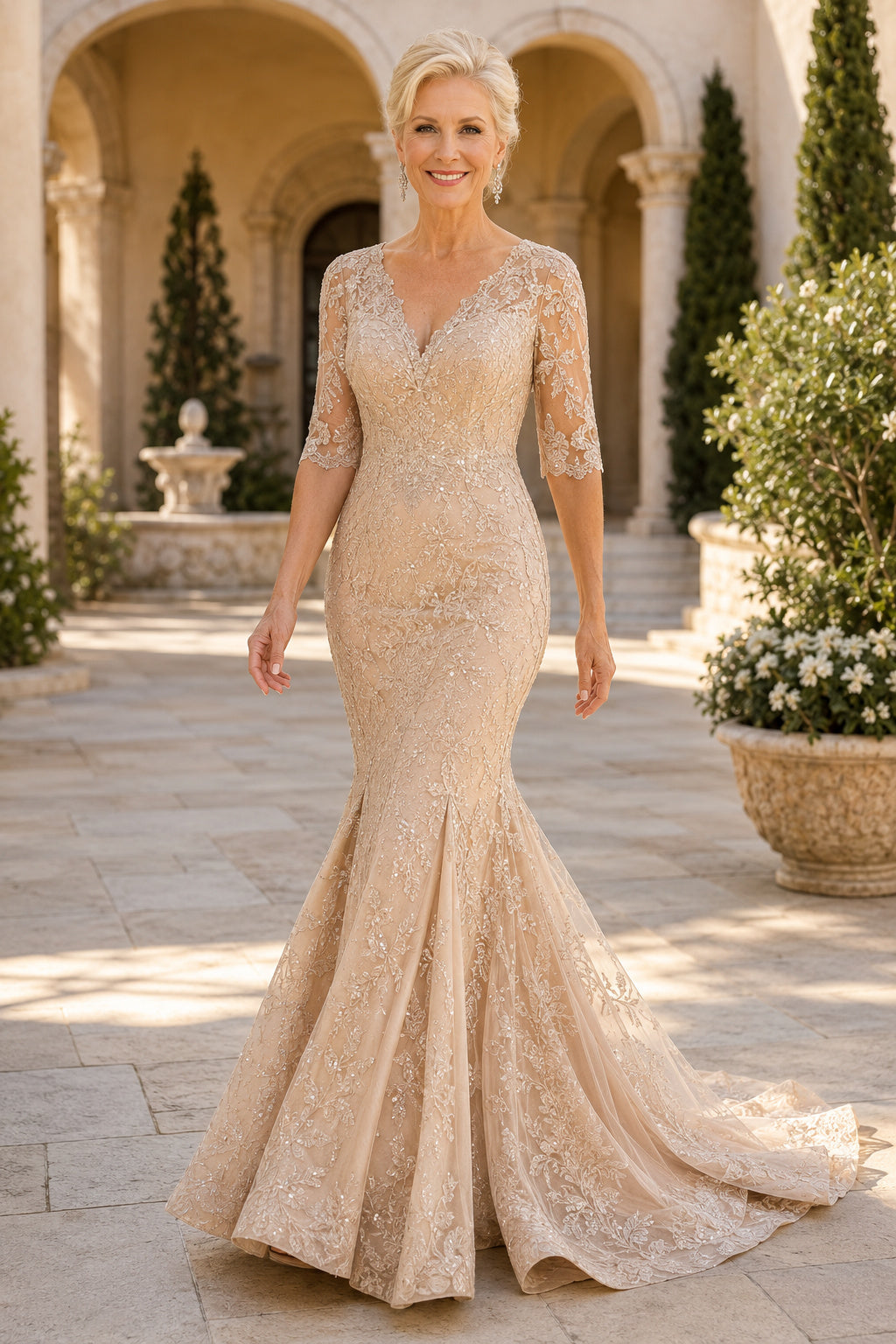 Champagne V-Neck Lace Mermaid Mother Dress with Three Quarter Sleeves and Sweep Train front view